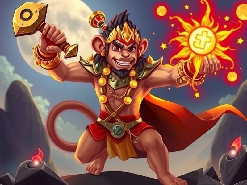 Divine Monkey Warrior game hero image featuring Hanuman in battle armor